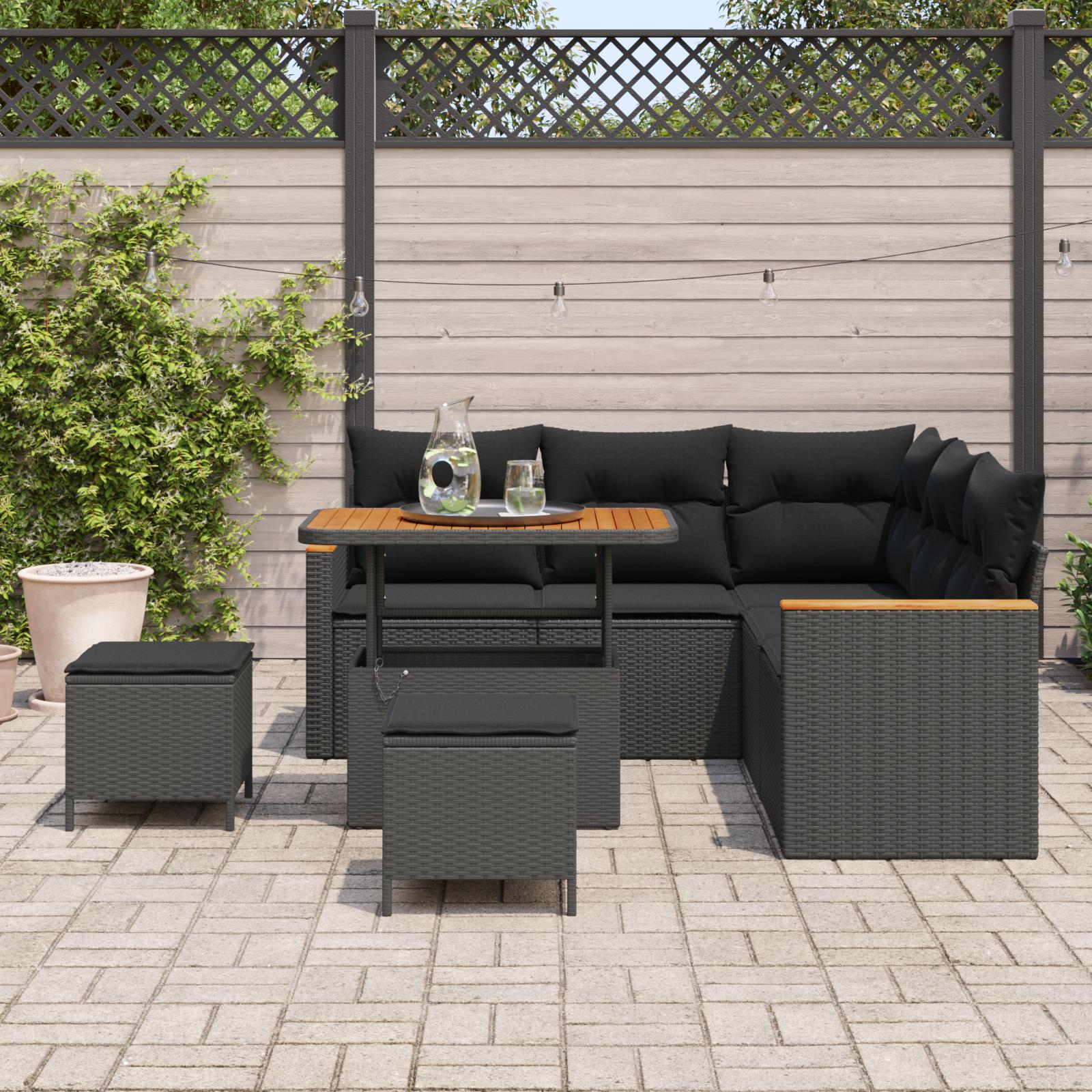 Havesofa Sæt med pude med opbevaring Sort Poly rattan