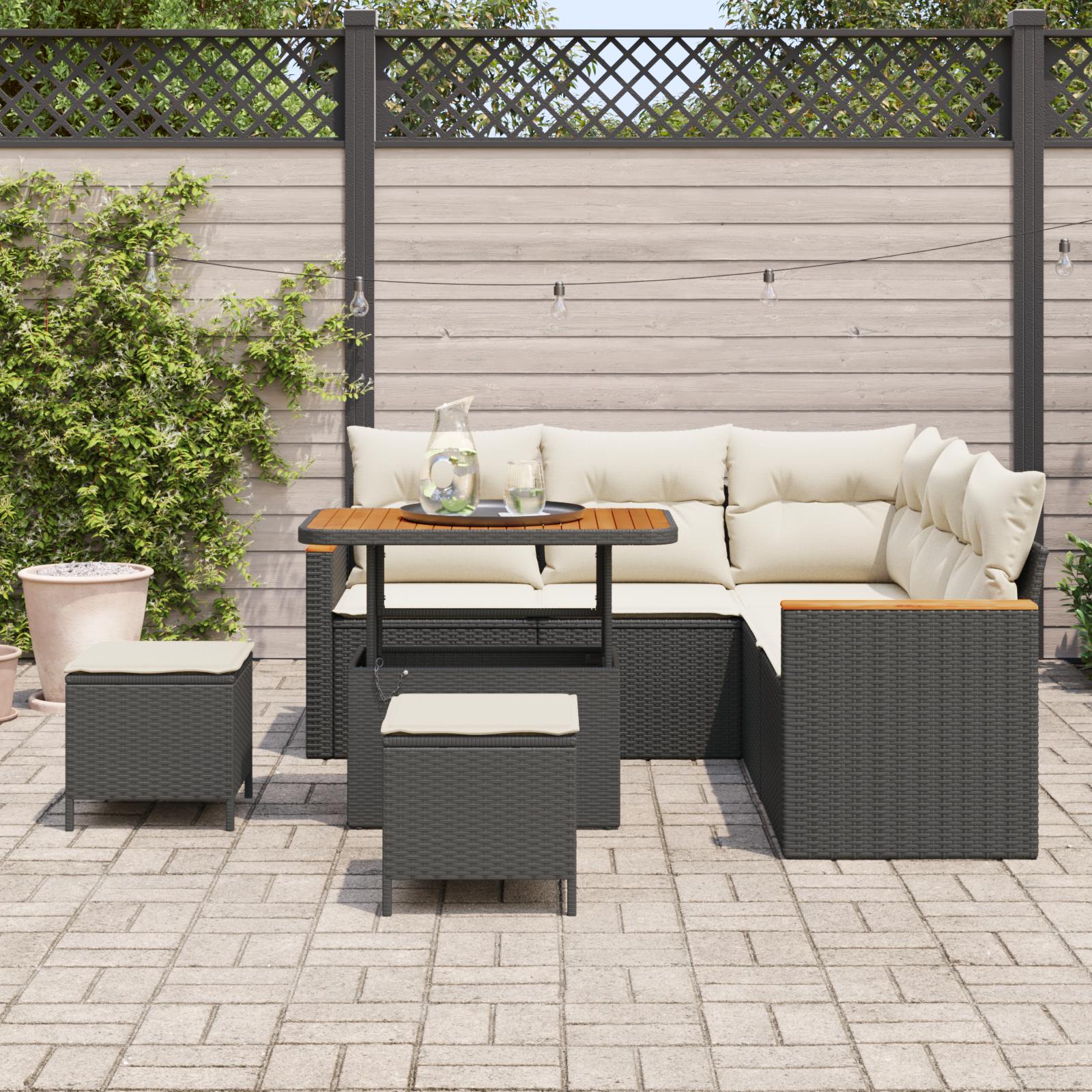 Modulært havesofa sæt i sort polyrattan - 8 dele med puder og højdejusterbart bord