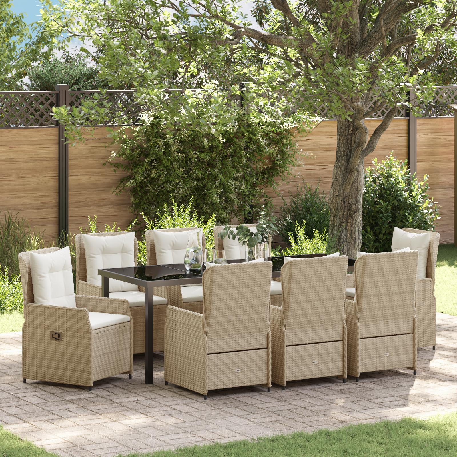 Have spisebordssæt i polyrattan - 9 dele, beige/lysegrå, med hærdet glasbord og recliner-stole