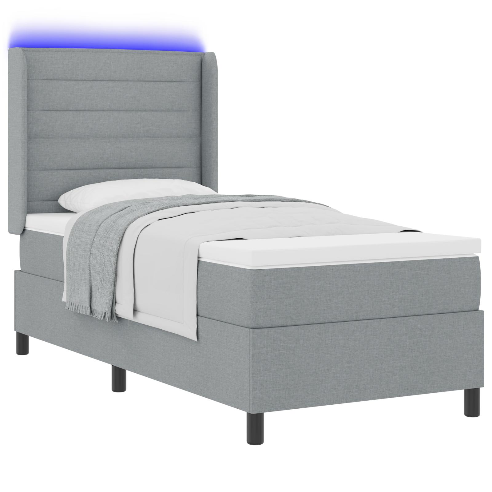 LED Box Spring Bed med madras Lysegrå 100 x 200 cm Stof