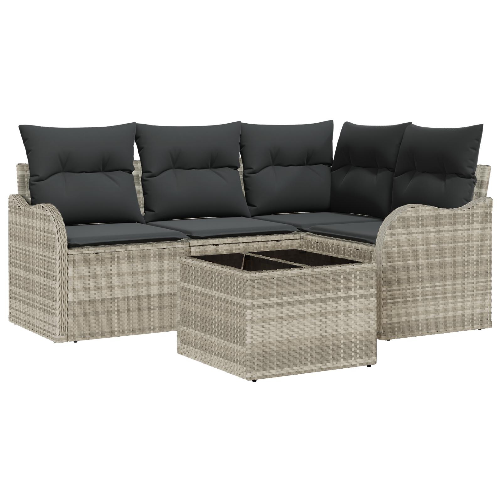 Havesofa Sæt med pude 5 stk Lysegrå Poly rattan