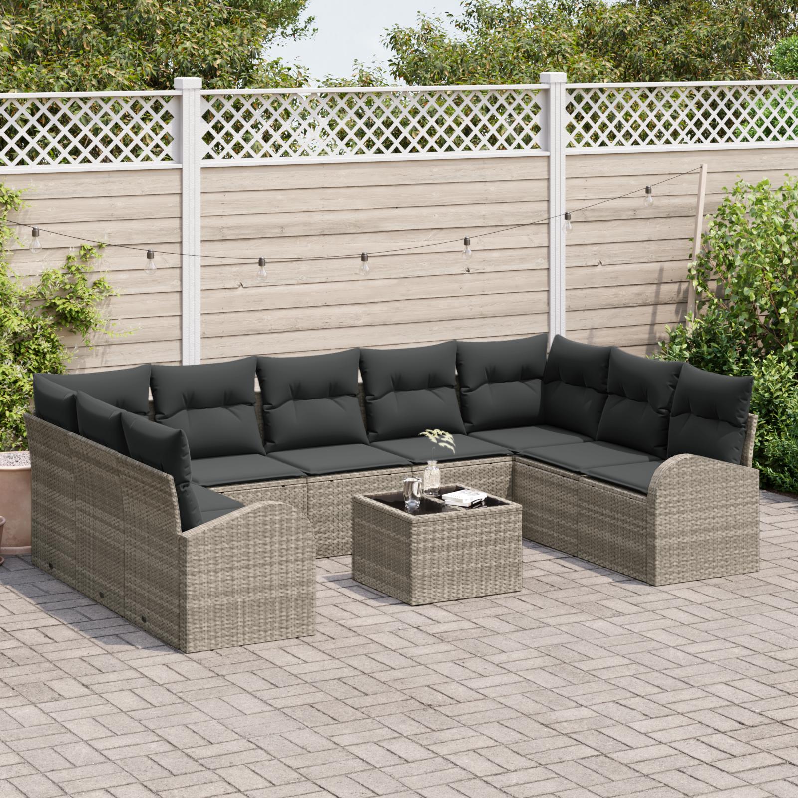 Modulært loungesæt i poly rattan - 10 dele, lysegrå, inkl. puder