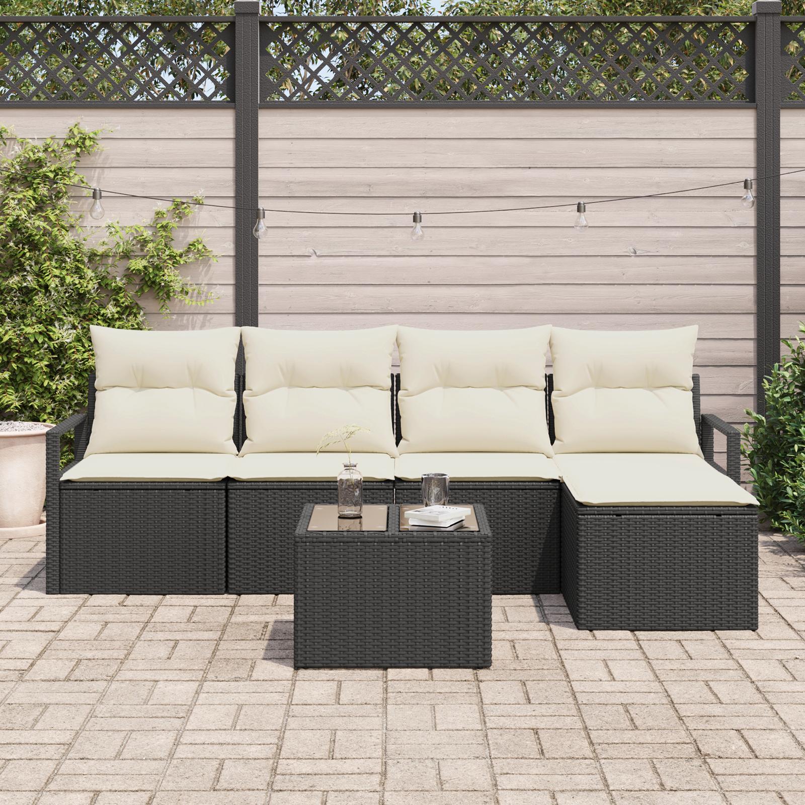 Udendørs sofagruppe i sort polyrattan - modulært loungesæt med puder, 6 dele