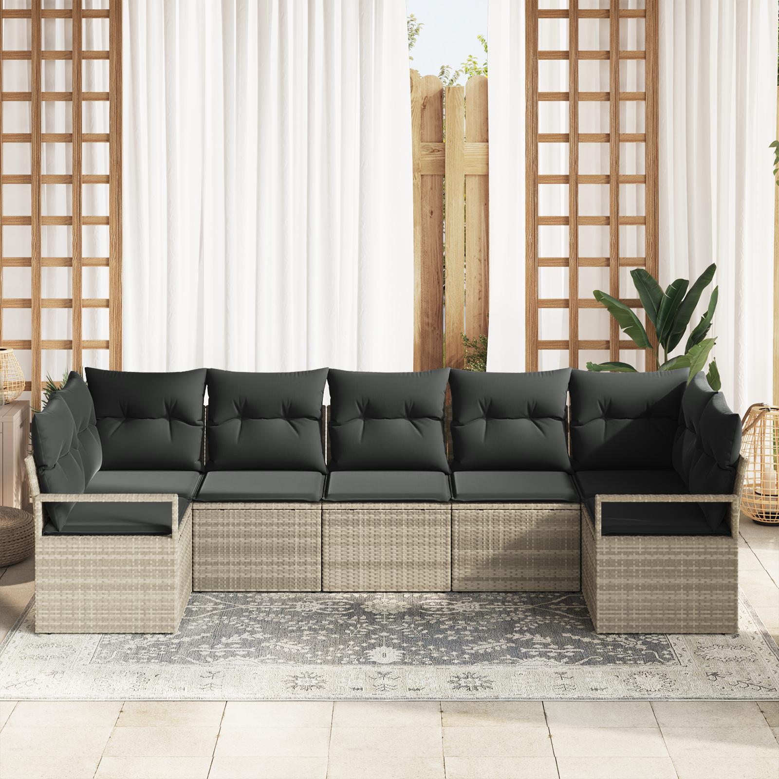 Modulært havesofasæt med puder - 7 dele, lysegrå polyrattan