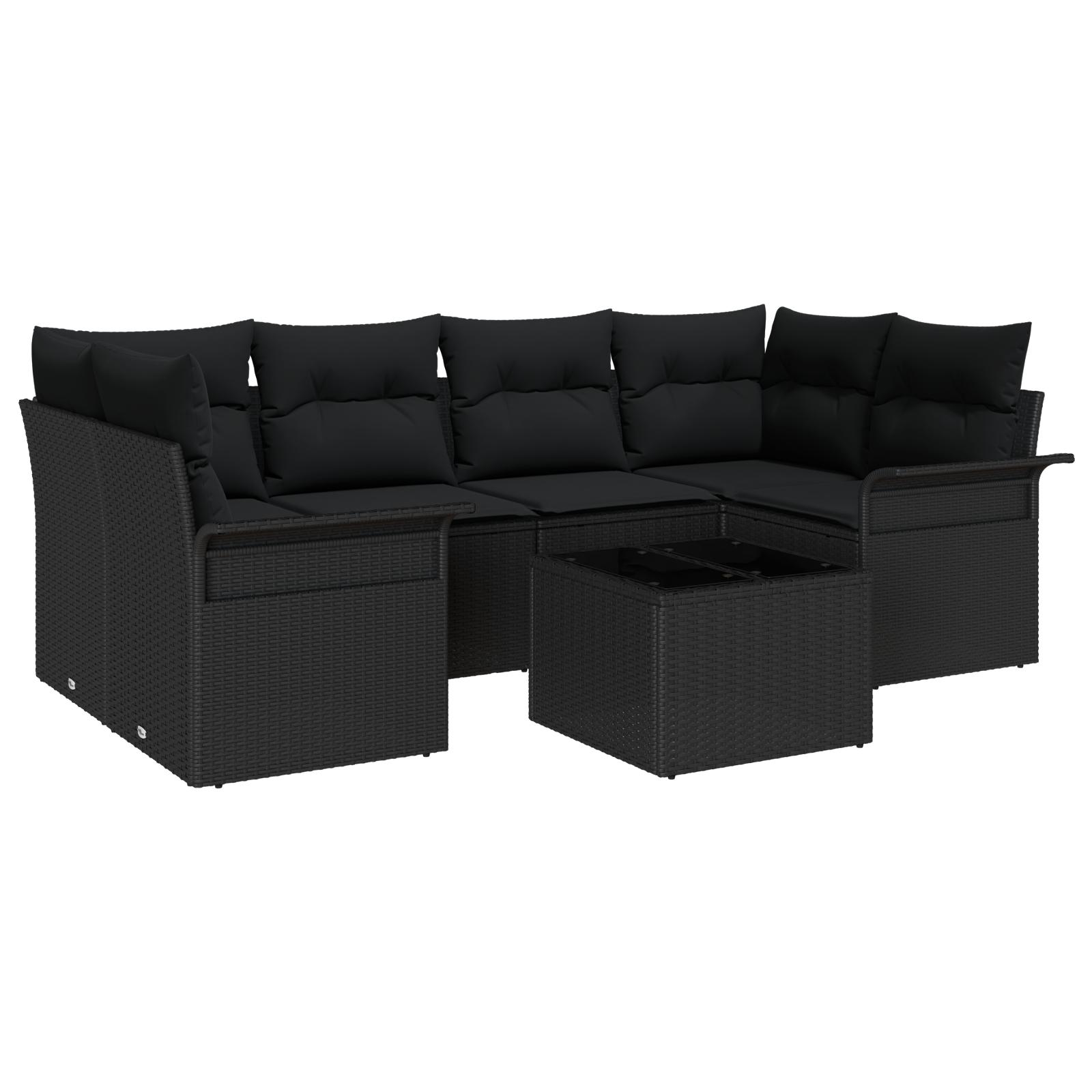 Havesofa Sæt med pude 7 stk Sort Polyrattan og stål og glas