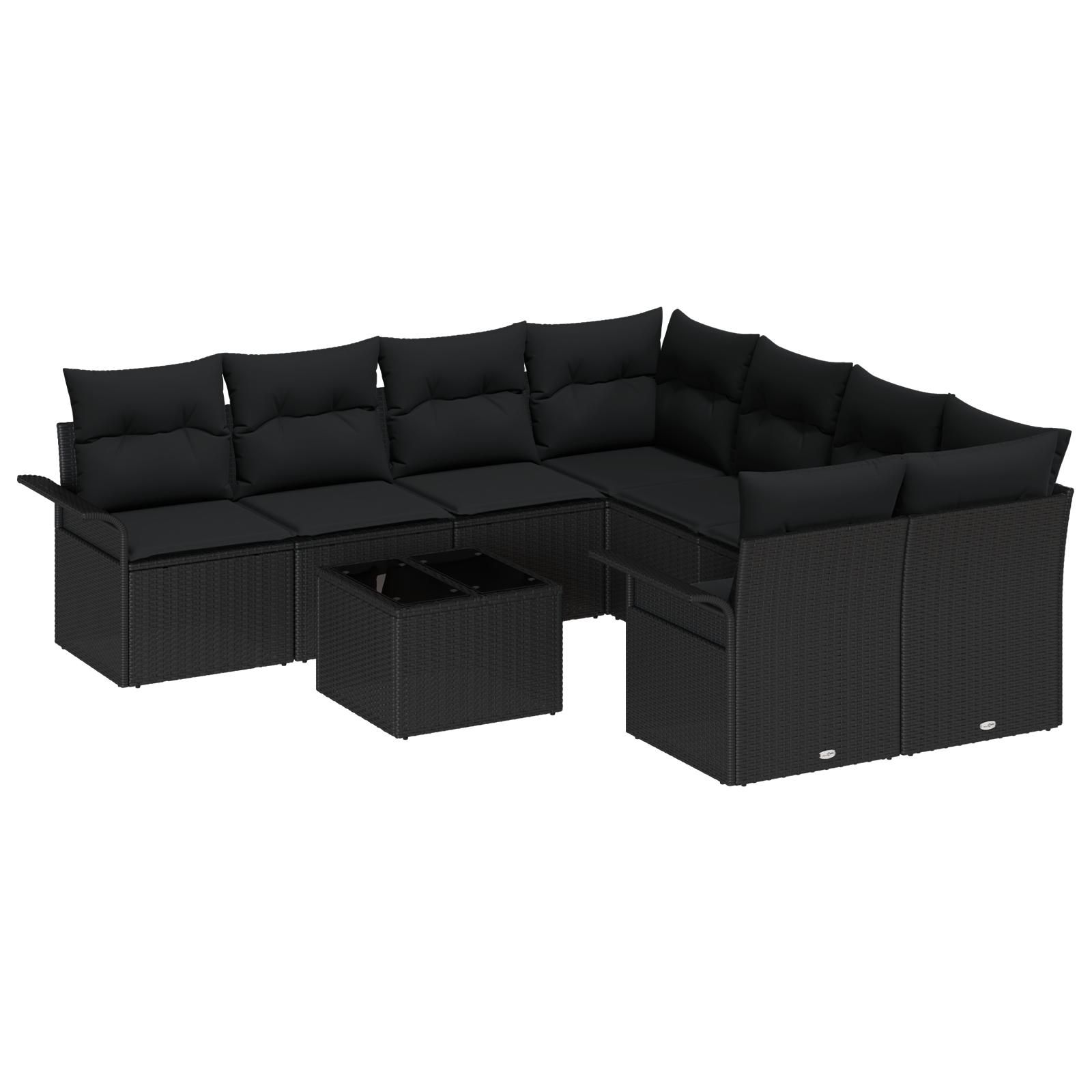 Havesofa Sæt med pude 9 stk Sort Polyrattan og stål og glas