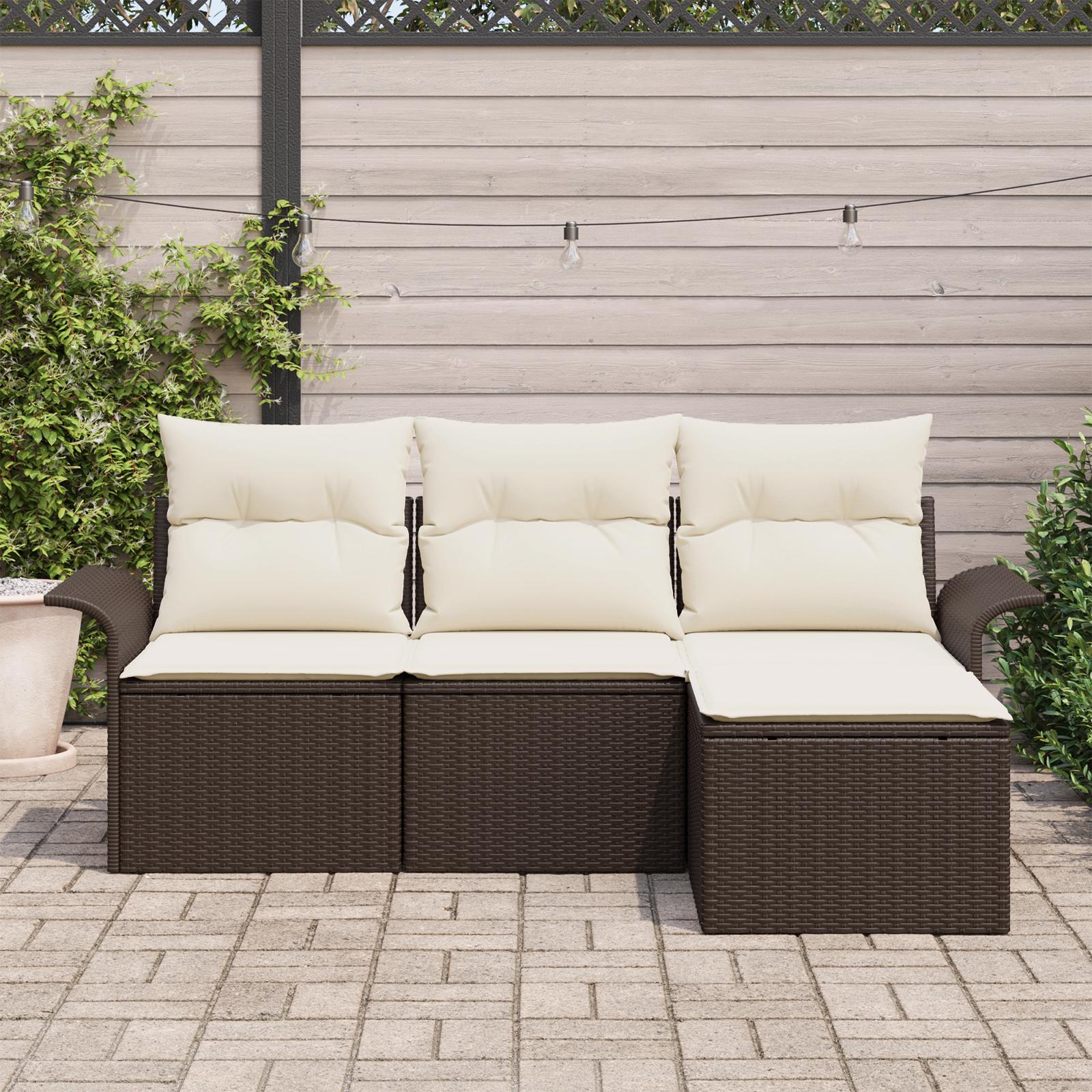 Havesofa Sæt Med Pude Med Opbevaring 4 Dele Poly Rattan - Brun og hvid