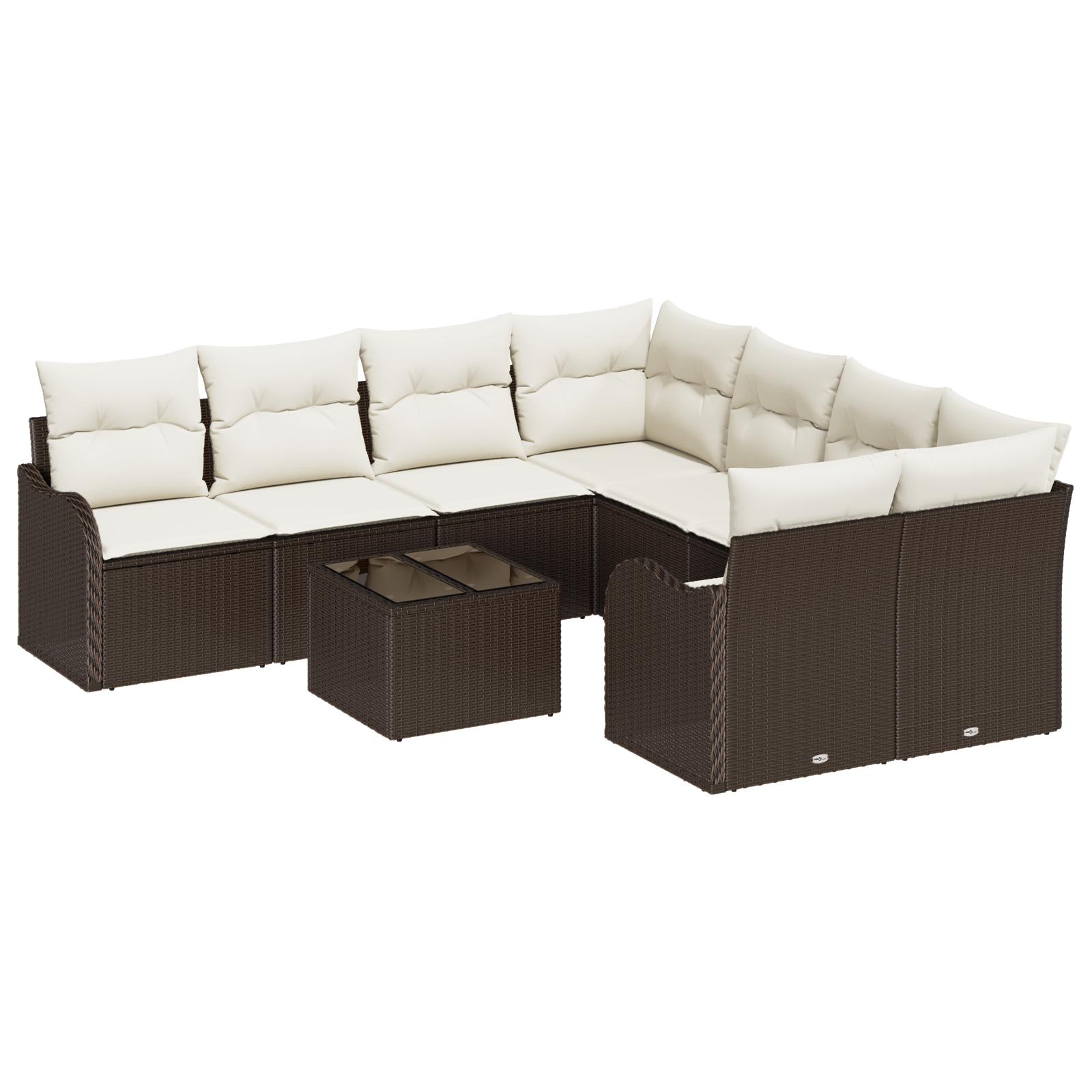 Havesofa Sæt 9 Dele Poly Rattan Og Stål Og Glas - Brun og hvid