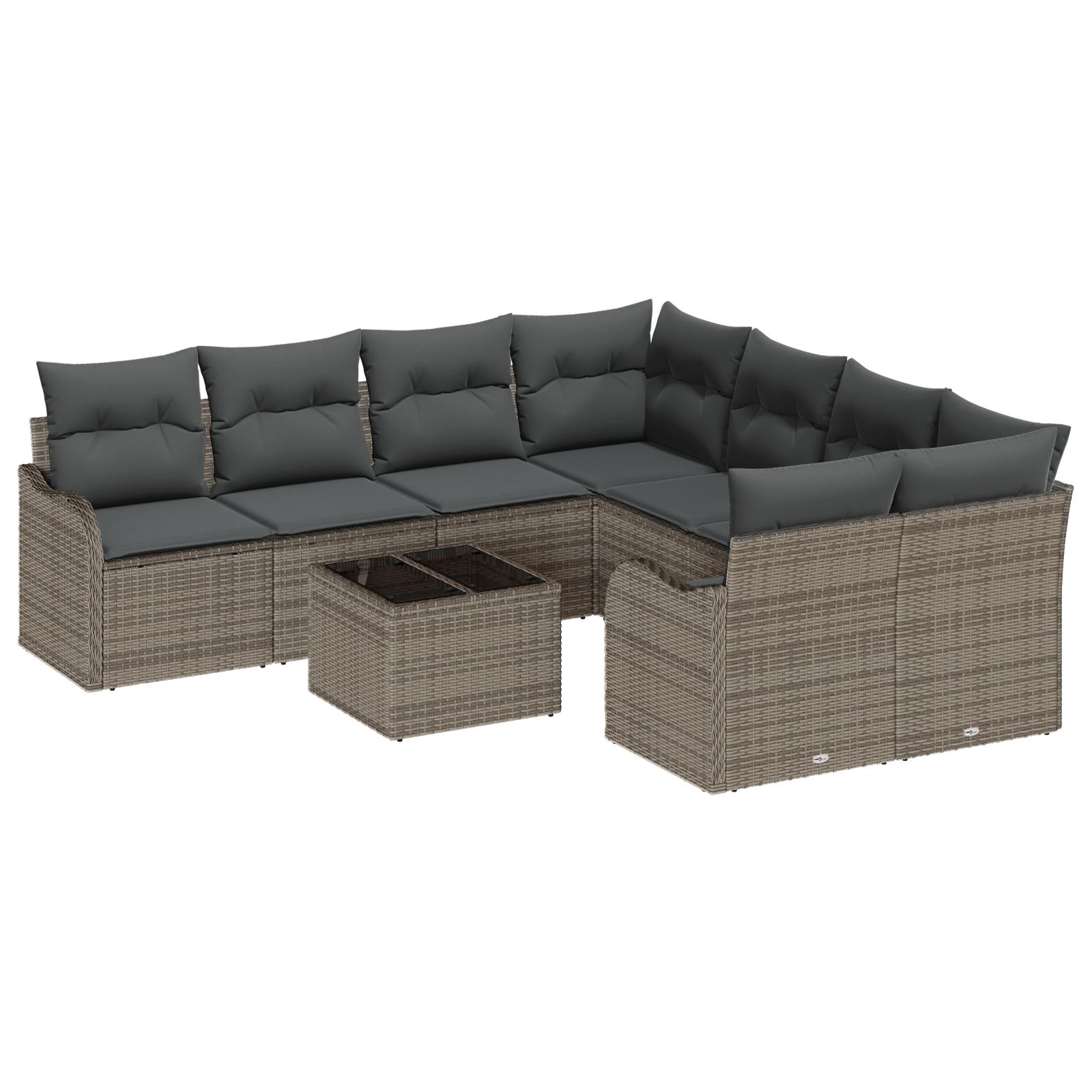 Havesofa Sæt med pude 9 stk Grå Polyrattan og stål og glas