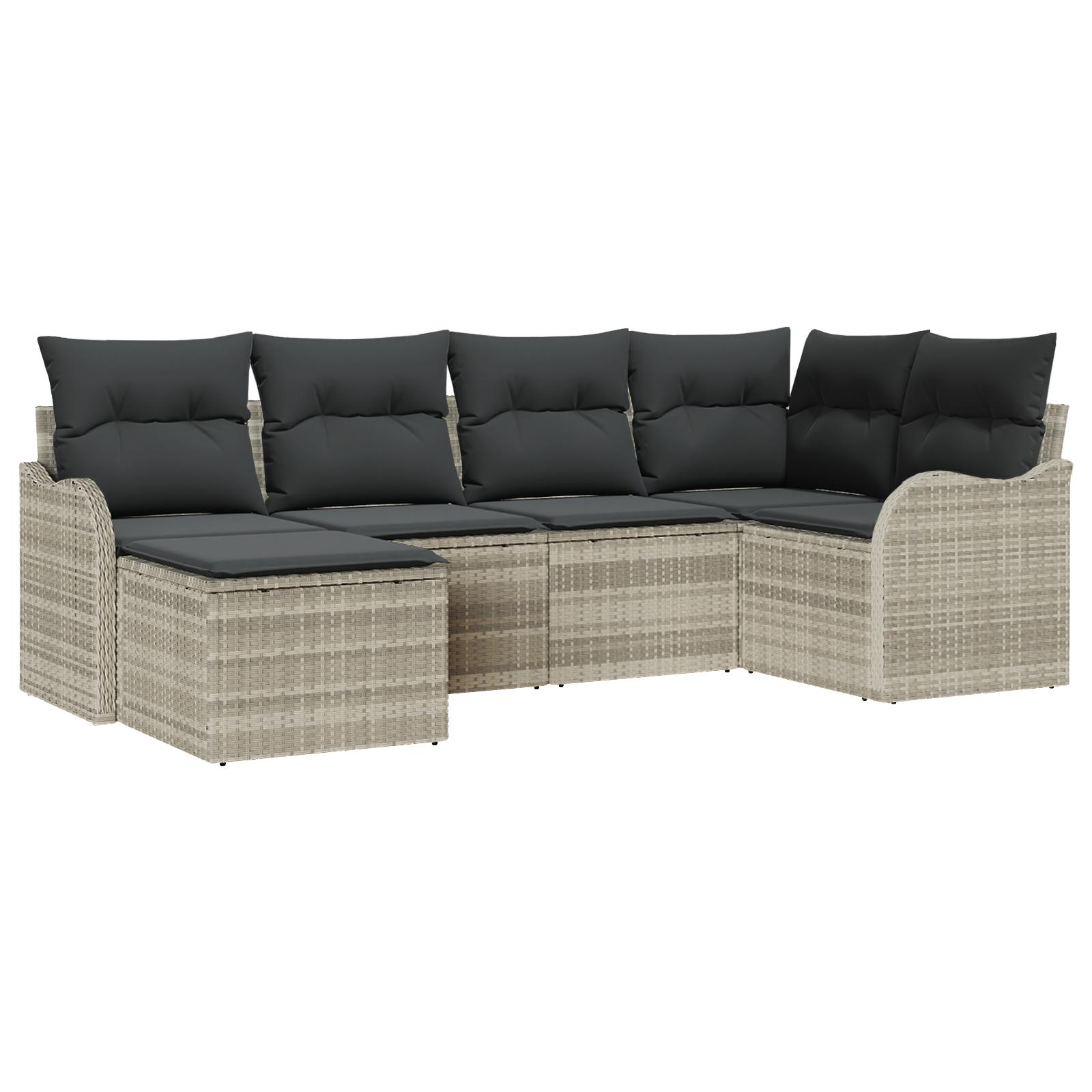 Havesofa sæt med puder - 6 dele, lysegrå polyrattan, modulopstilling