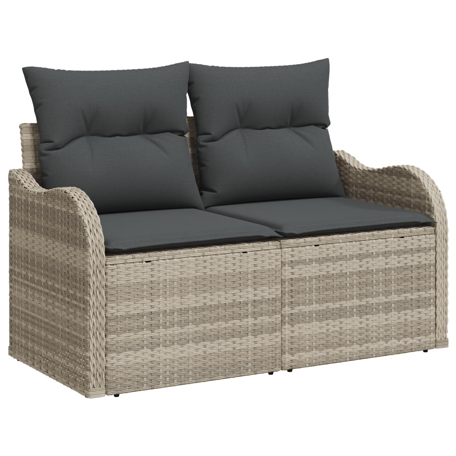 Havesofa sæt i lysegrå poly rattan - 7 dele med puder