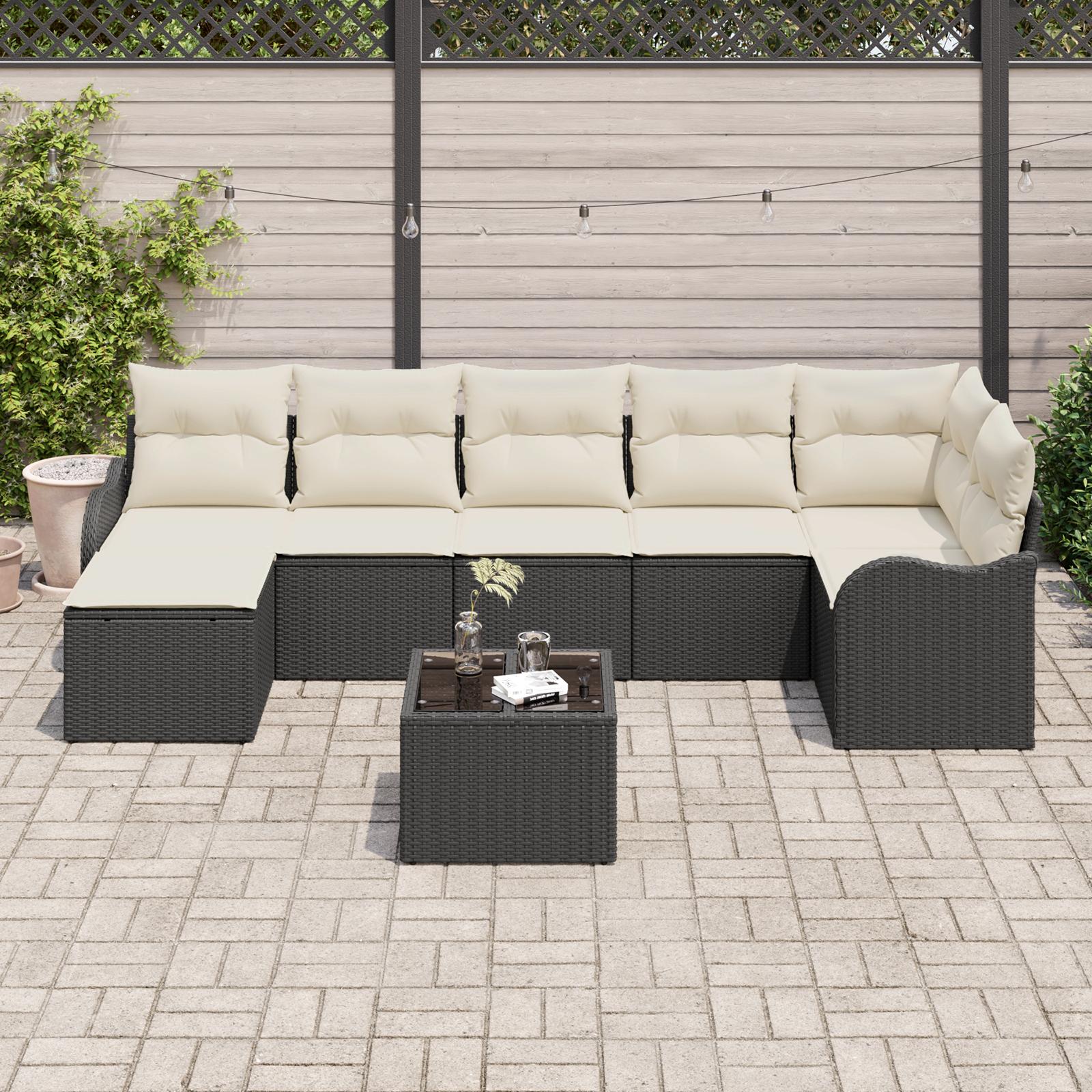 Havesofa Sæt Med Pude 8 Dele Poly Rattan - Sort og hvid
