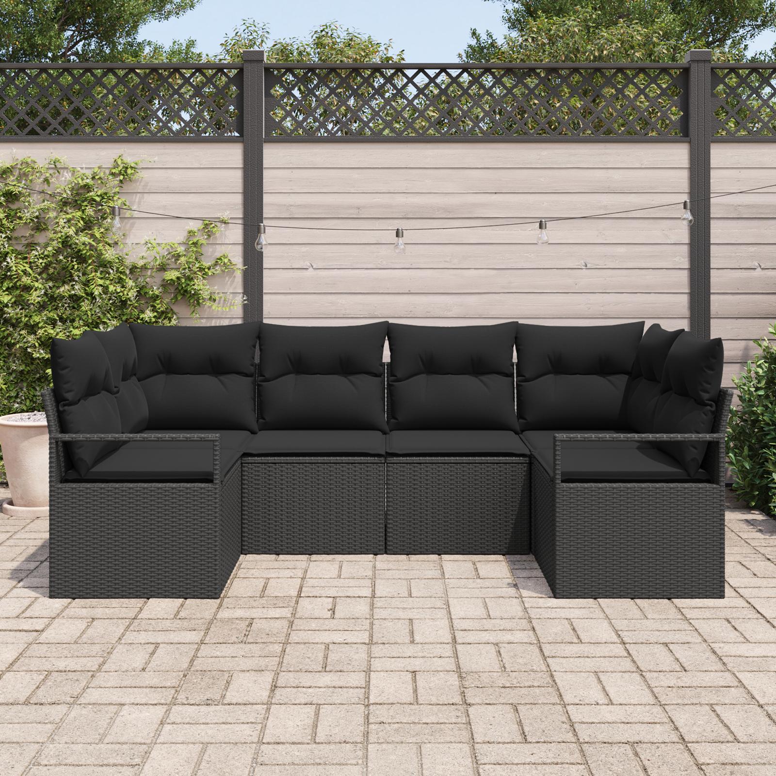 Havesofa Sæt 6 stk Sort Poly Rattan og pulverlakeret stål