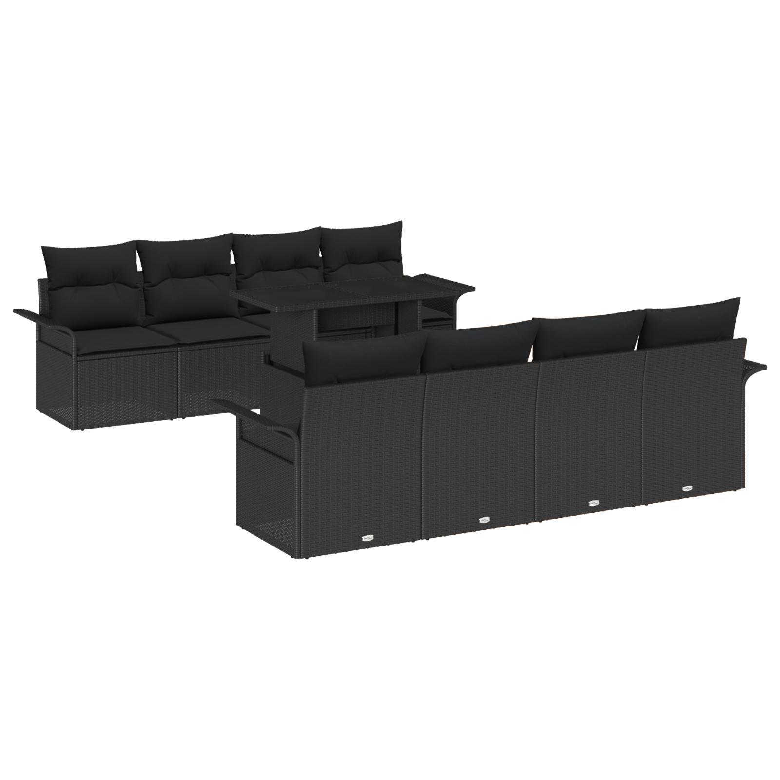 Havesofa Sæt med pude med opbevaring 9 stk Sort Poly rattan