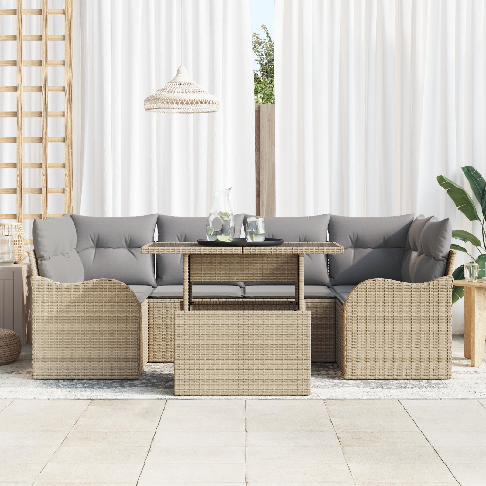 Havesofa Sæt med pude med opbevaring 7 stk Beige Poly rattan