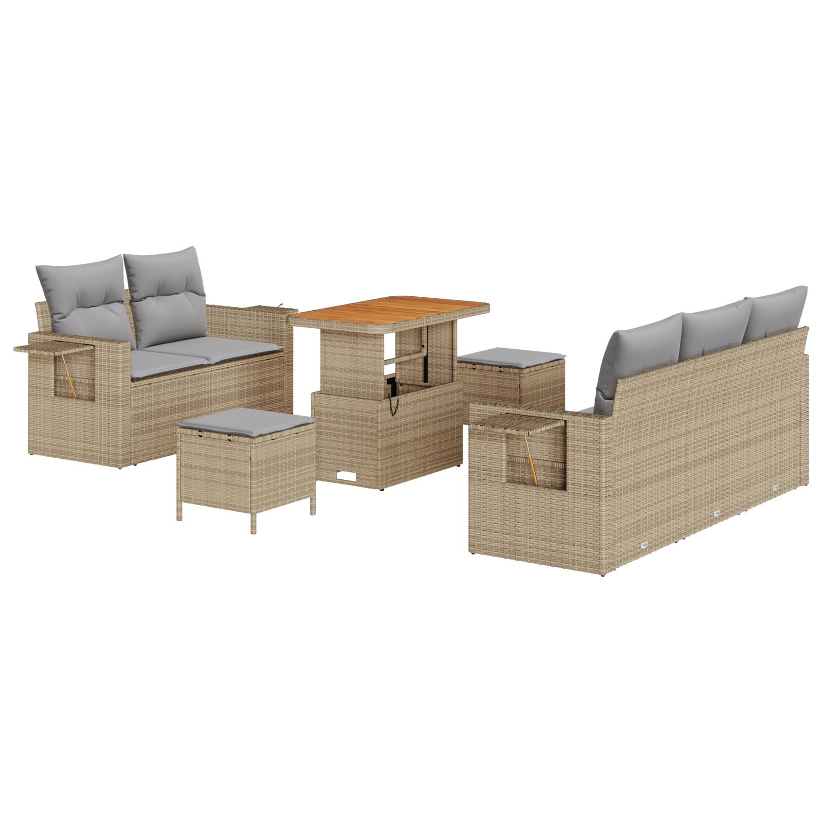 Havesofa-sæt i beige polyrattan - modulært loungesæt med justerbart bord, 8 dele