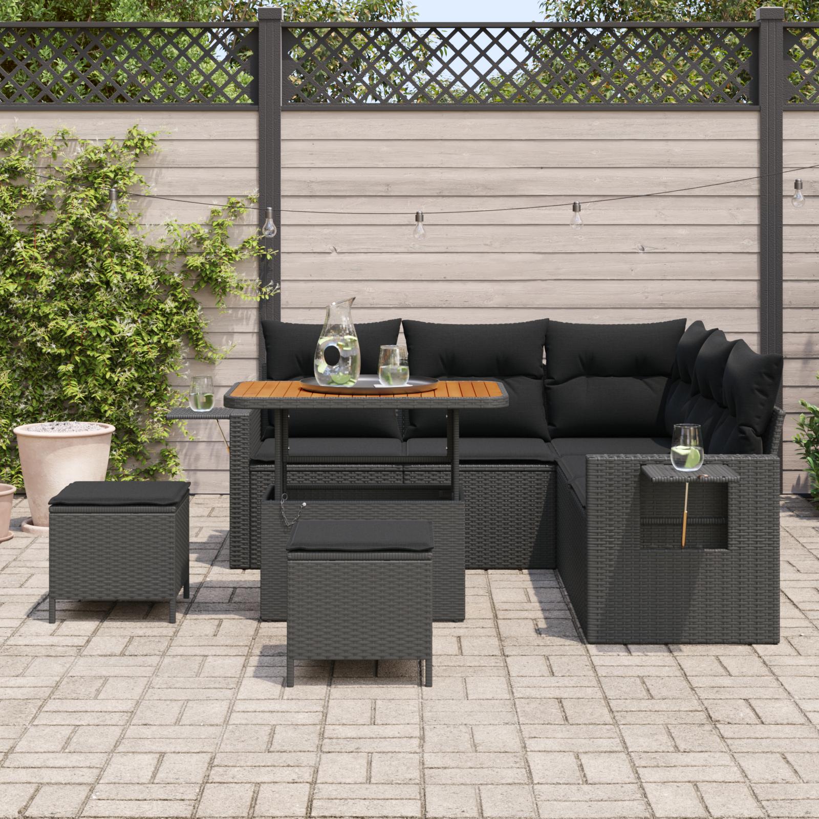 Havesofa sæt med puder 8 dele i sort polyrattan