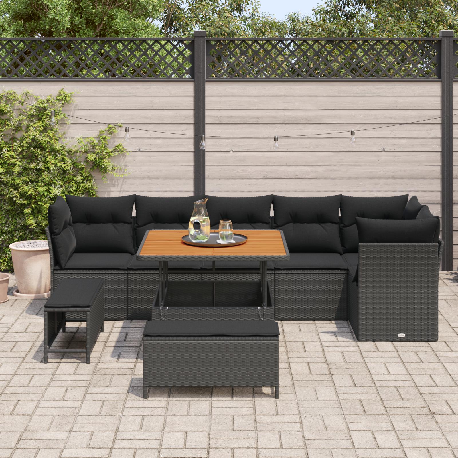 Havesofa Sæt med pude 9 stk Sort 100 x 100 x 71 cm