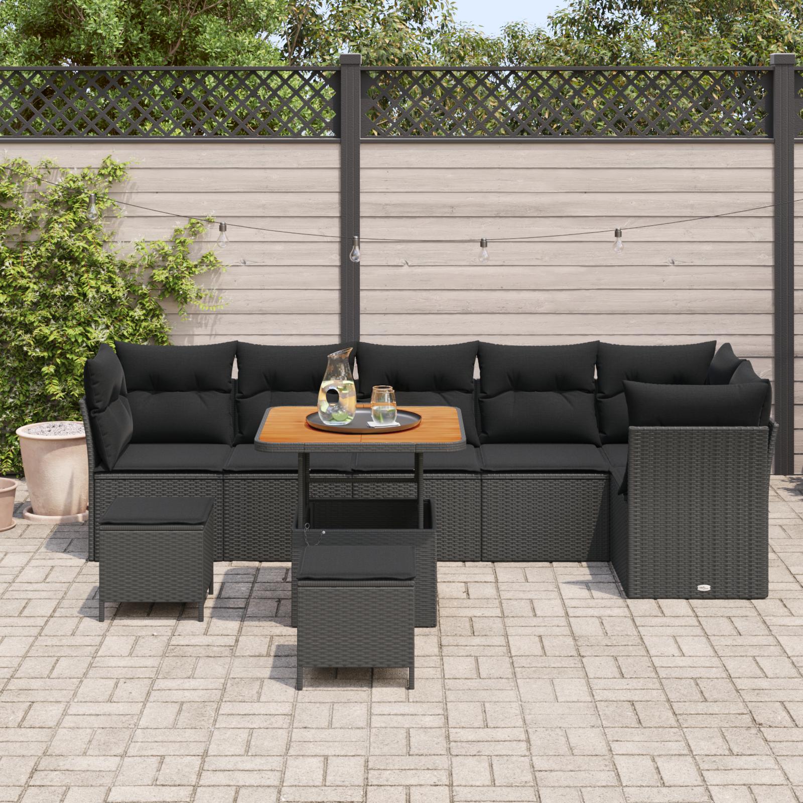 Havesofa Sæt med pude med opbevaring 9 stk Sort 80 x 80 x 71 cm