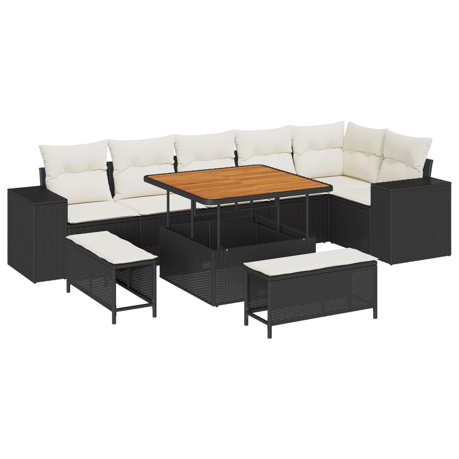 Havesofa Sæt med pude 9 stk Sort og Cream 100 x 100 x 71 cm