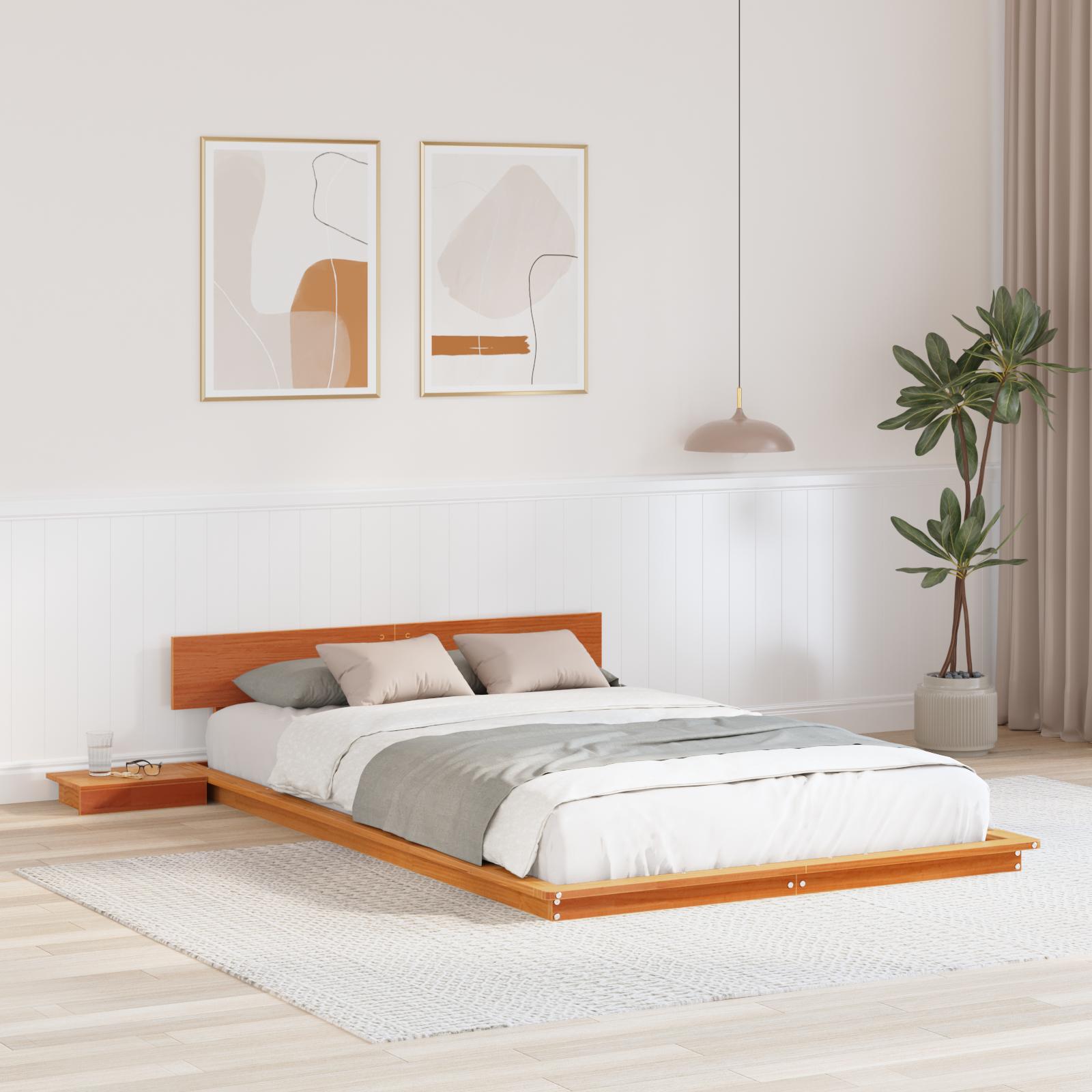 Gulvsengestel Med Natbord Voks Brun 120x200cm Massivt Træ