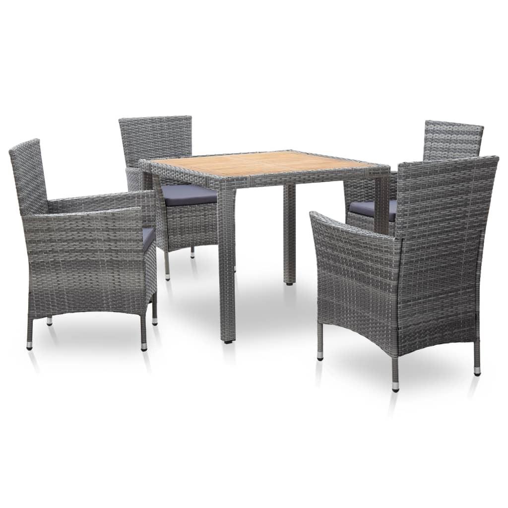 Udendørs spisebordssæt 5 dele med hynder polyrattan grå