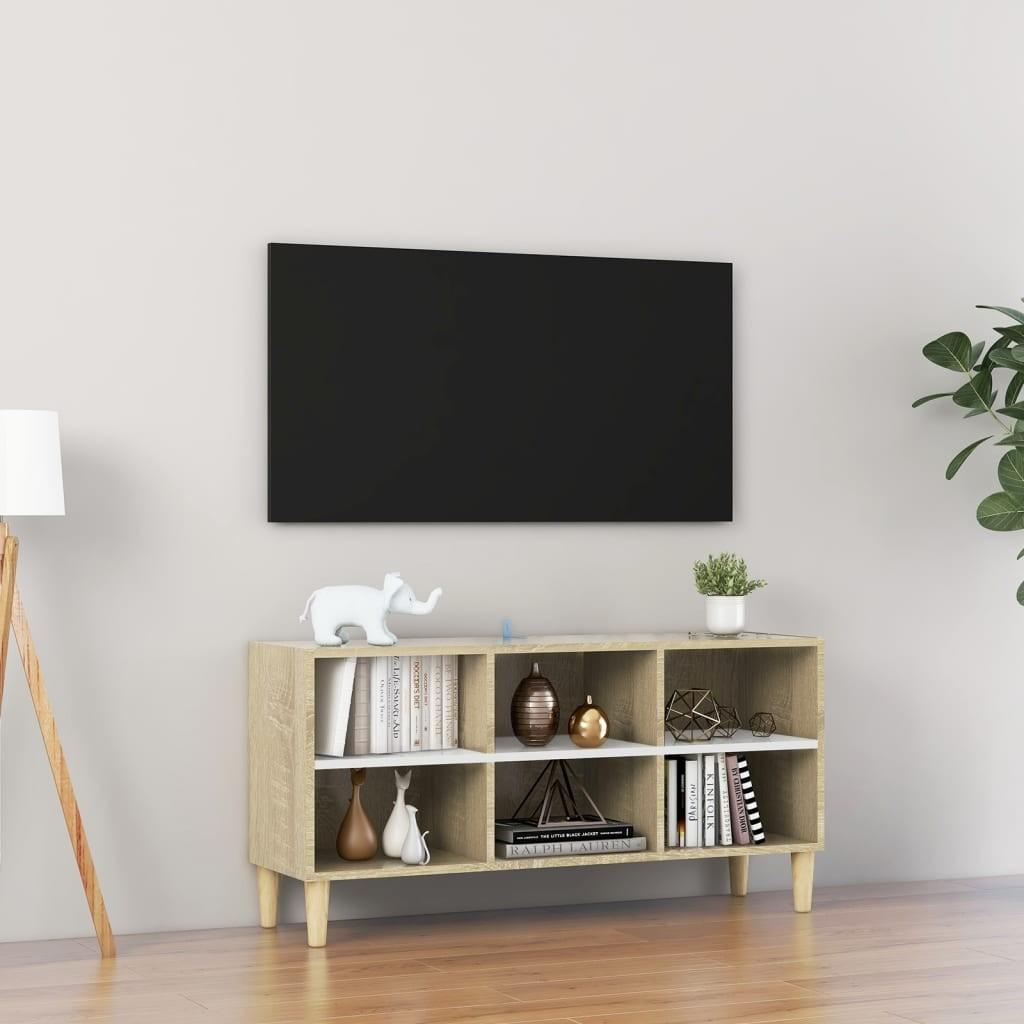 Tv-skab med massive træben 103,5x30x50 cm hvid og sonoma-eg
