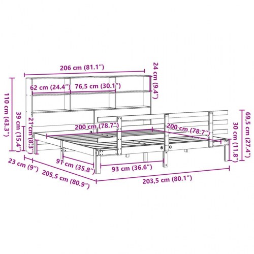 Seng med reol uden madras 200x200 cm massivt fyrretræ