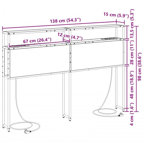 Sengegavl med opbevaring og stik - grå sonoma-eg