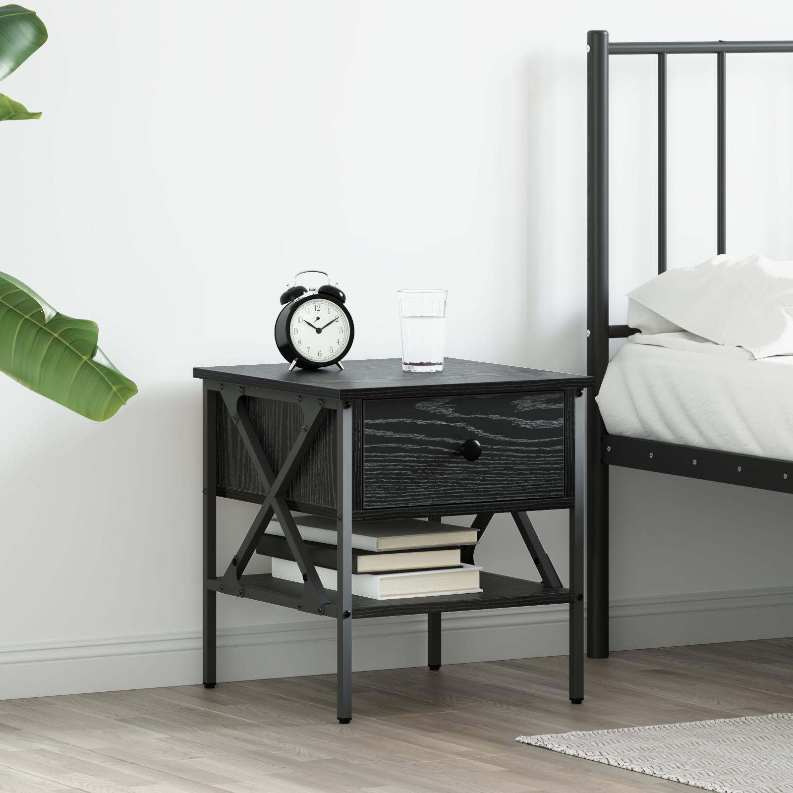 Sengebord i sort eg 40 × 42 × 45 cm - laminat og metal med skuffe