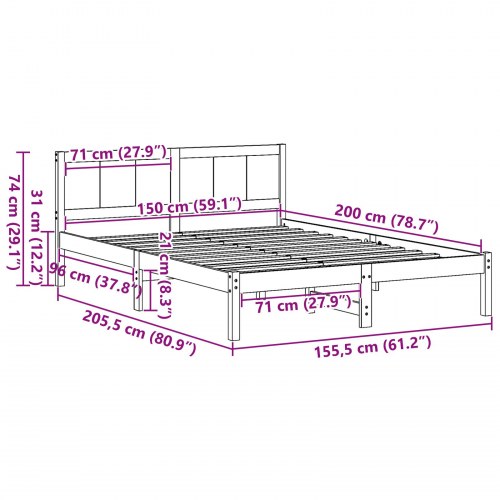 Sengestel med hovedgavl i massivt fyrretræ 150 x 200 cm - hvid