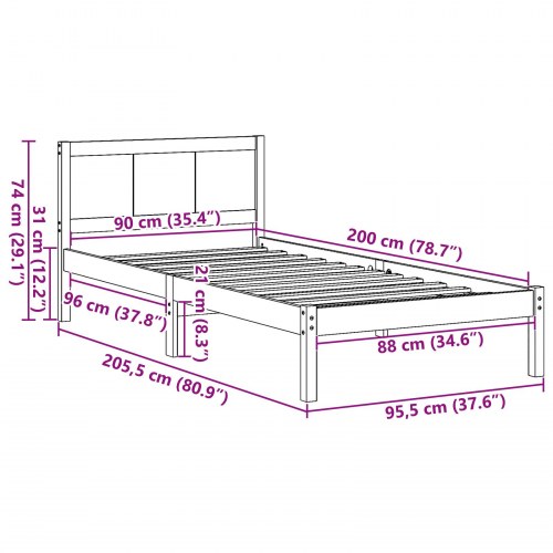 Sengestel med hovedgavl 90 x 200 cm i massivt fyrretræ - brun