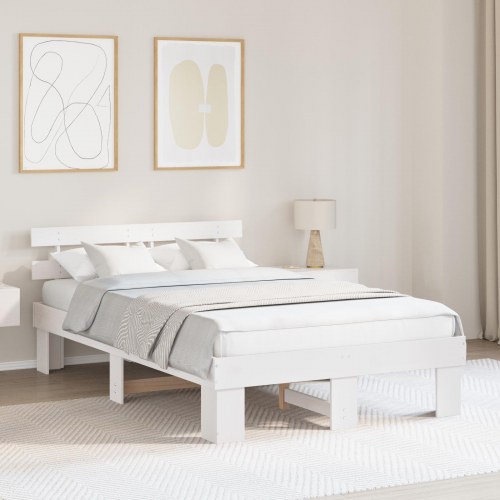 Sengestel med hovedgærde - hvid 140 x 190 cm massiv fyrretræ
