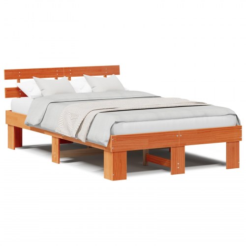 Sengestel med hovedgærde i massiv fyrretræ - voks brun