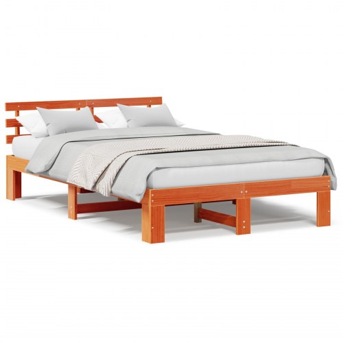 Sengestel med hovedgærde - voks brun 140 x 190 cm i massiv fyrretræ