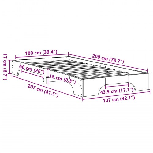 Sengestel i massiv fyrretræ 100 x 200 cm - naturfarvet