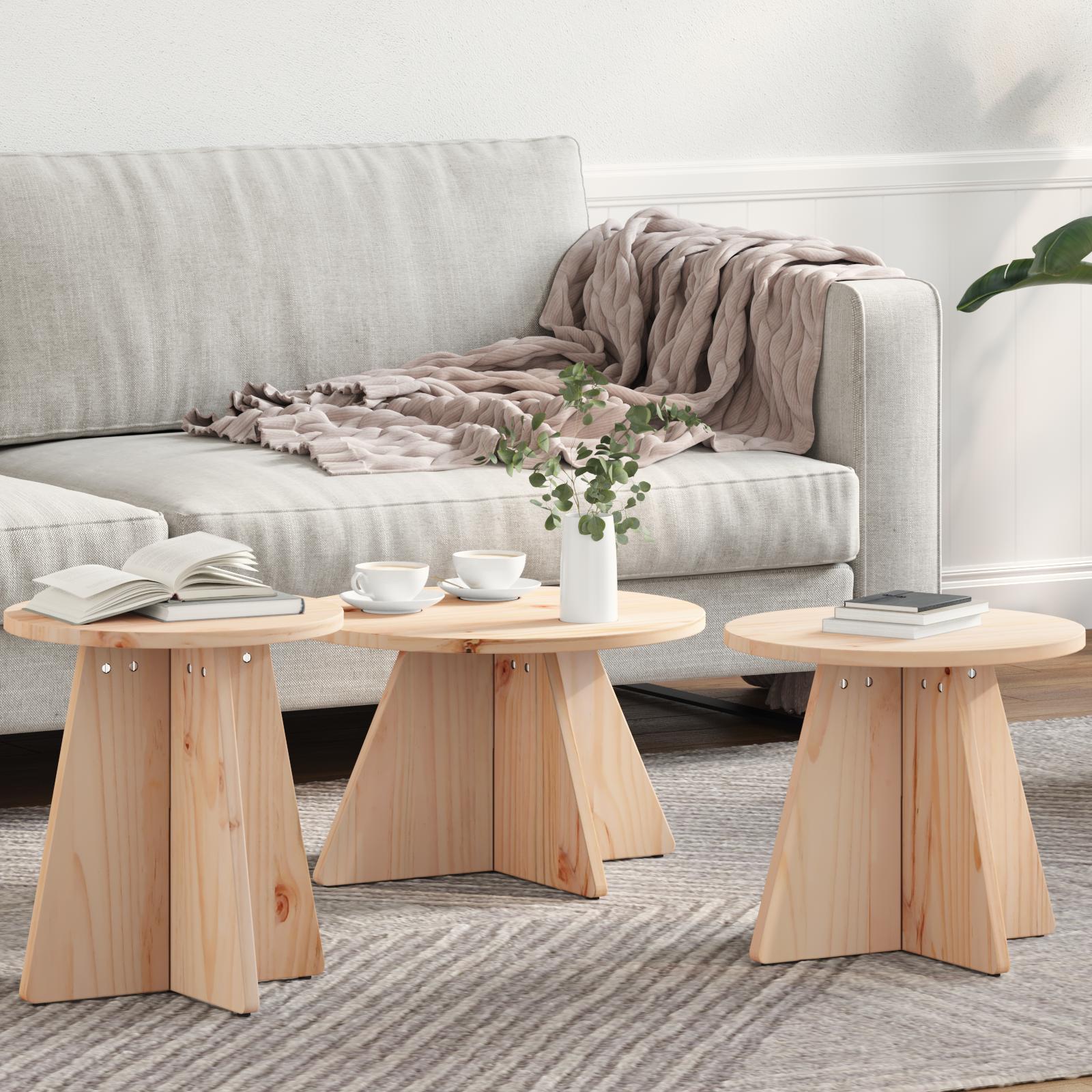 Sofabord 3 stk Naturfarvet 49 x 49 x 30 cm Massivt fyrretræ