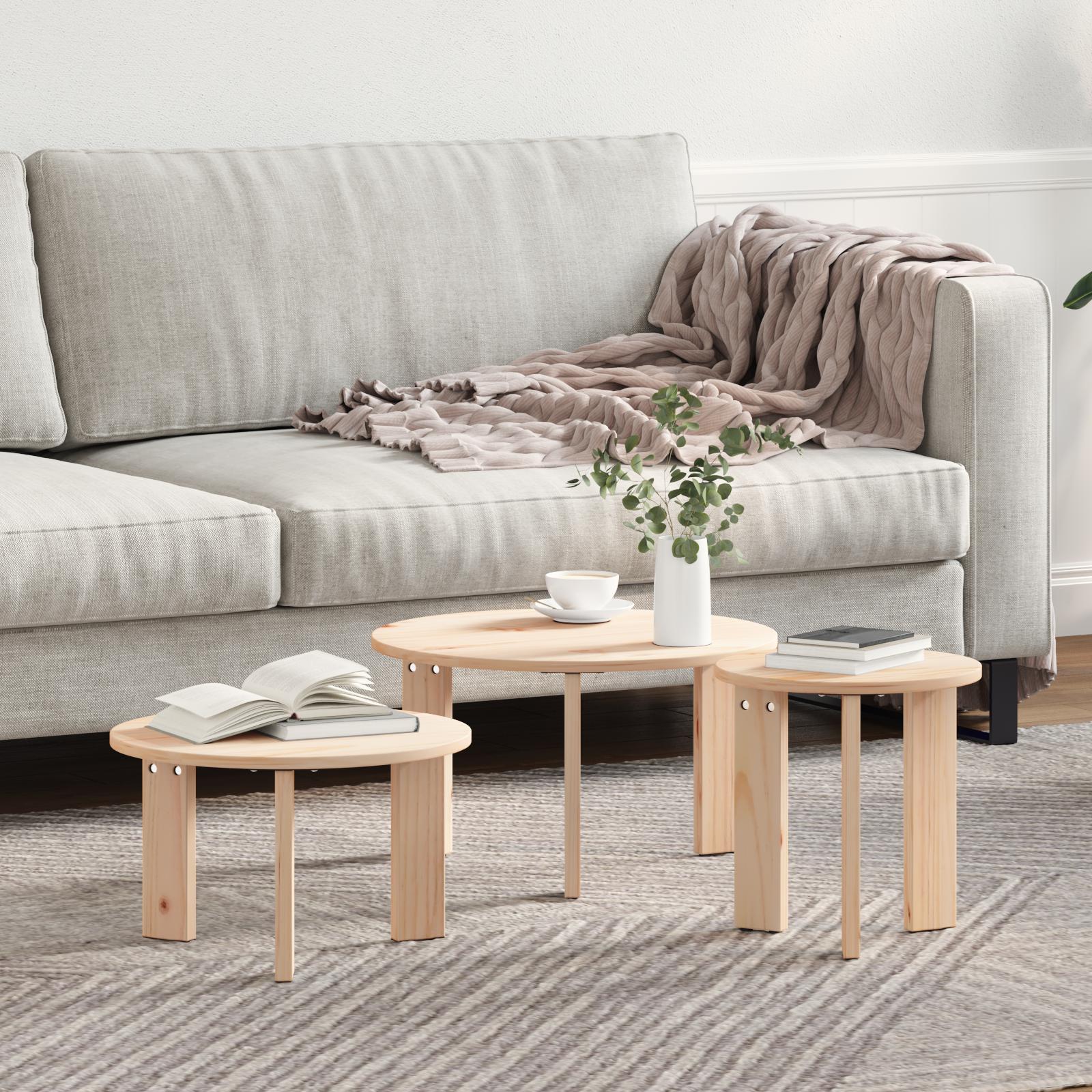 Sofabord 3 stk Naturfarvet 47.5 x 47.5 x 27 cm Massivt fyrretræ