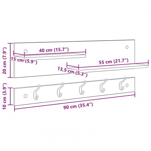 Vægknagerække med 2 hylder - artisan egetræ