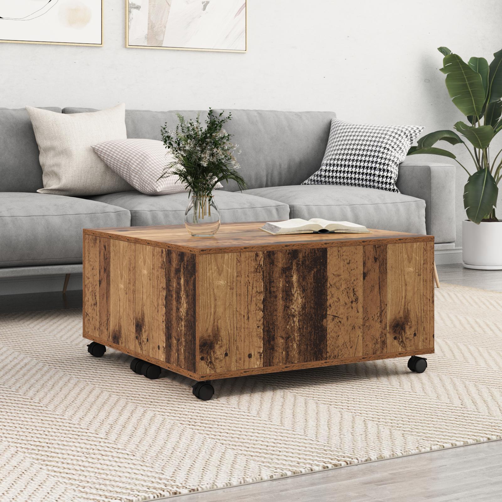 Sofabord med skuffe - gammelt træ look, 75 × 75 × 38 cm, konstrueret træ på hjul