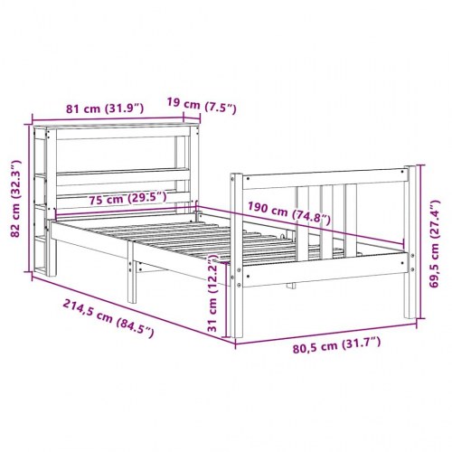 Sengeramme med sengegavl 75x190 cm i massivt fyrretræ