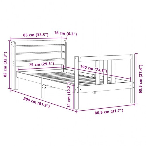 Sengeramme med sengegavl 75 x 190 cm i massivt fyrretræ