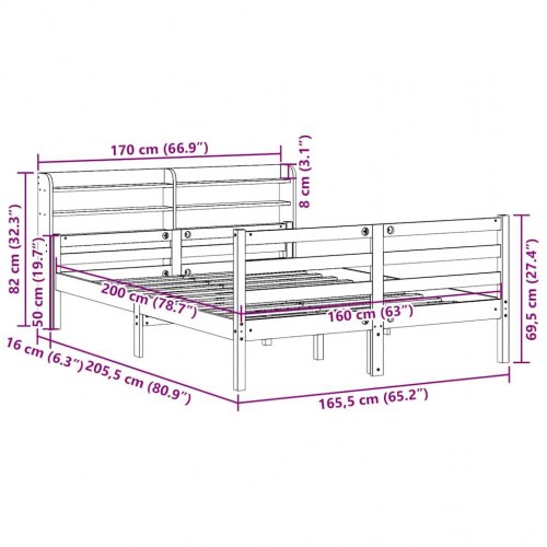 Sengeramme med sengegavl 160x200 cm massivt fyrretræ