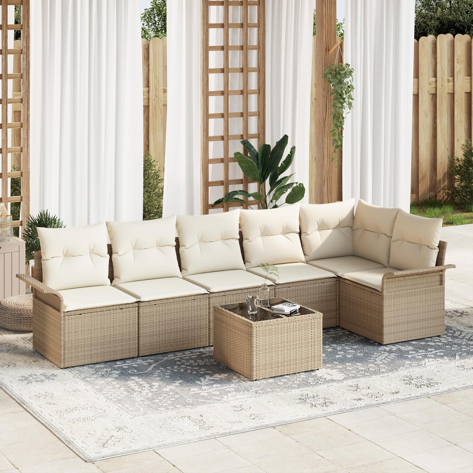 Havesofa Sæt med pude med opbevaring 7 stk Beige Poly rattan