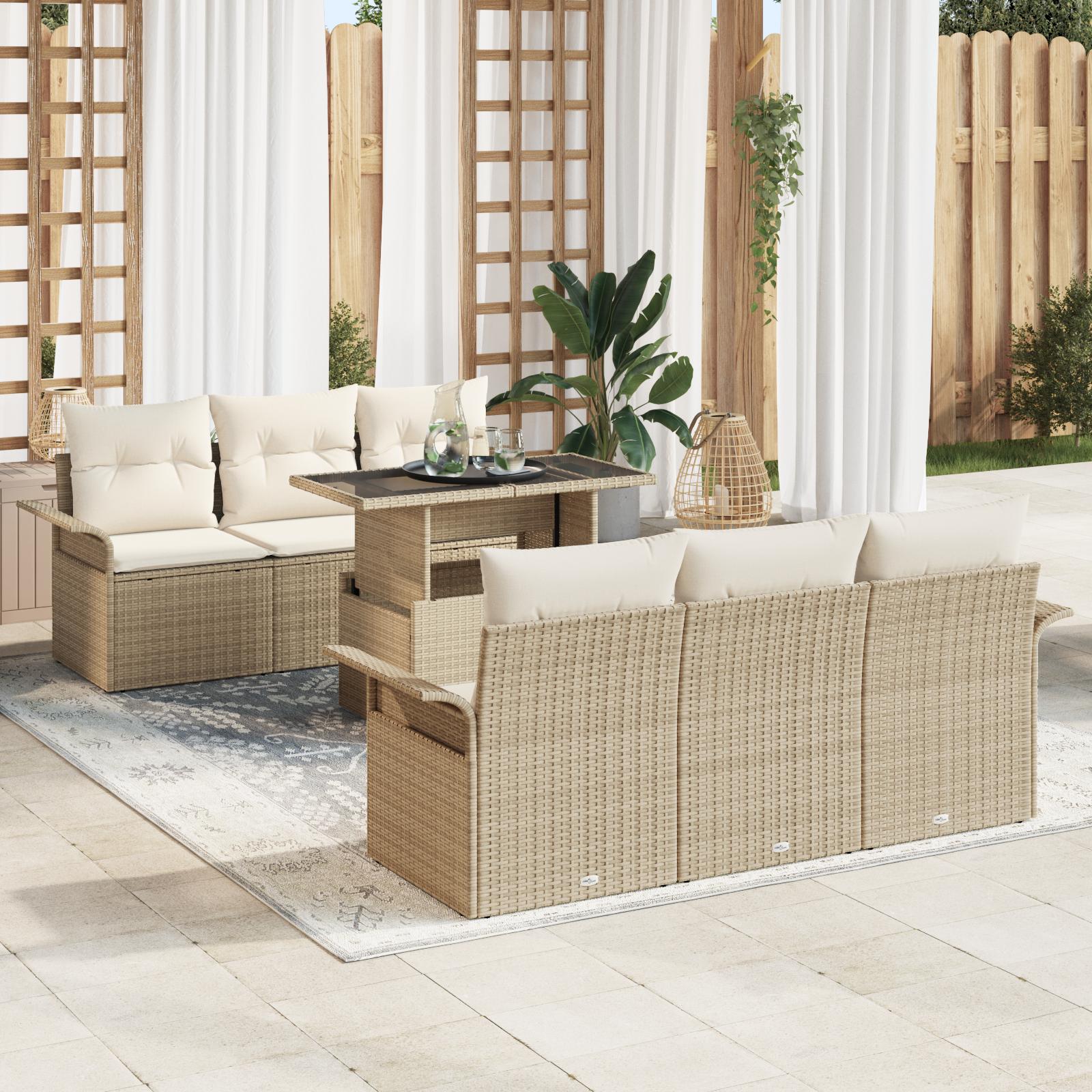 Havesofa SÃ¦t med pude med opbevaring 7 stk Beige Poly rattan