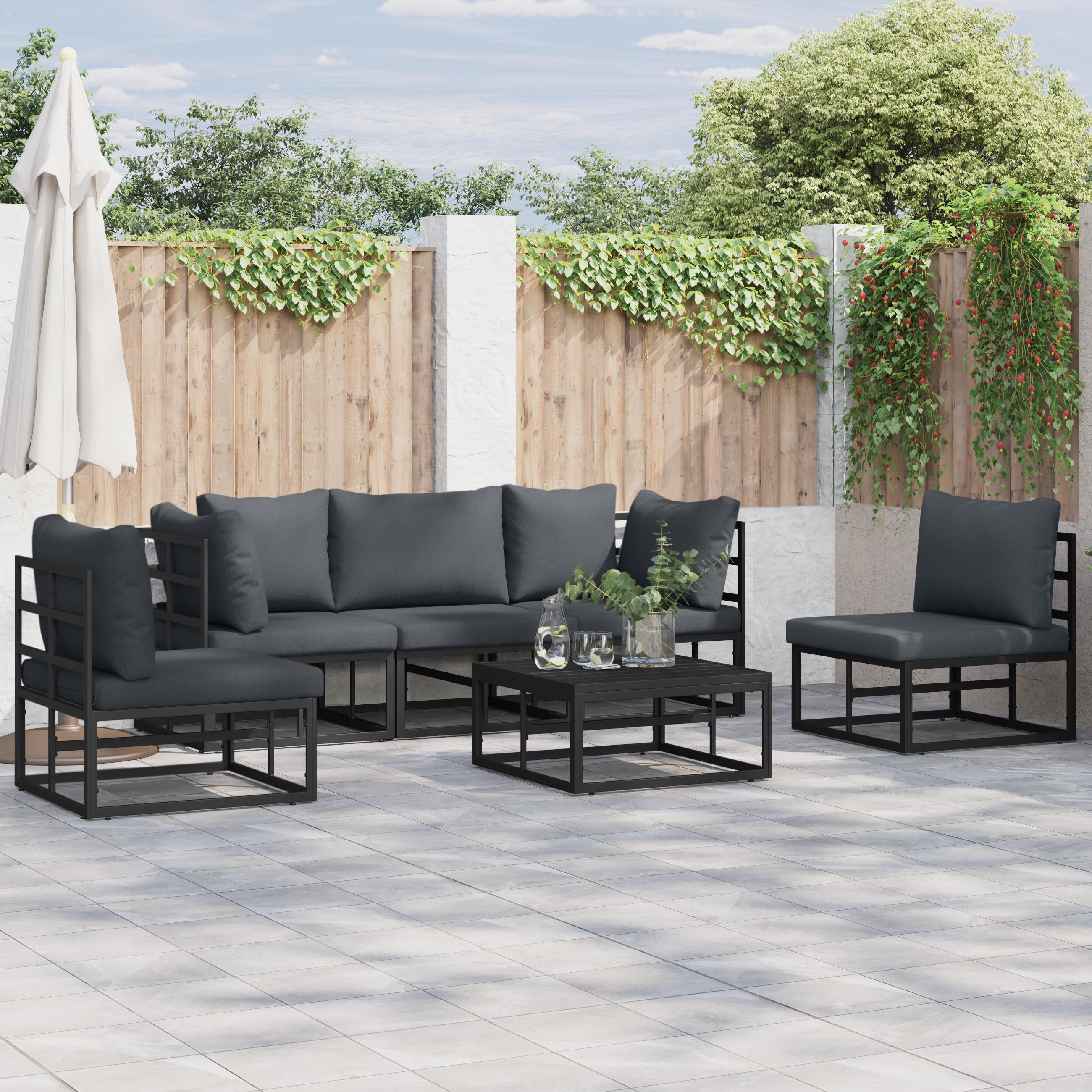 Havesofa sæt med puder - 6 dele, sort aluminium