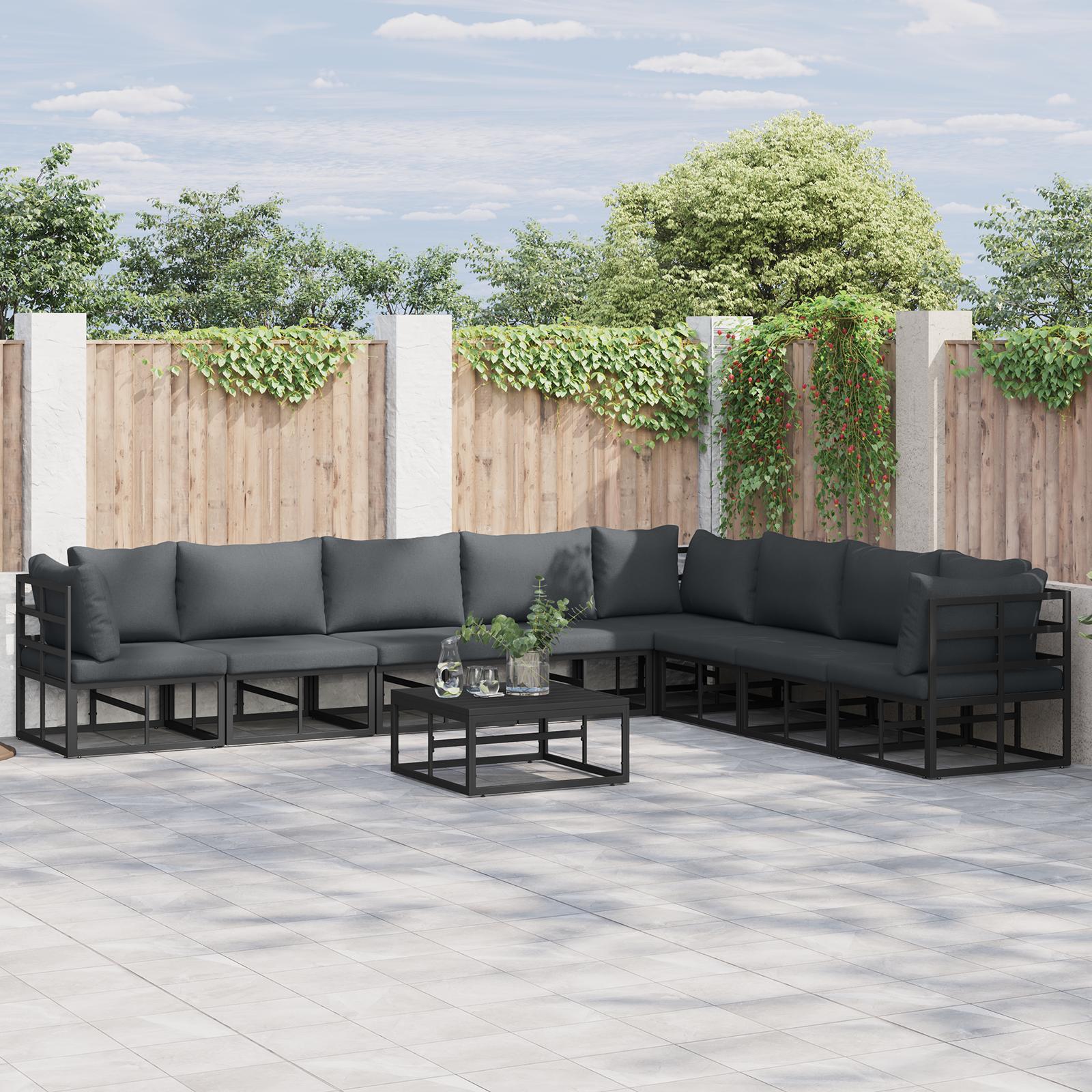 Havesofa-sæt med puder, 9 dele - sort aluminium