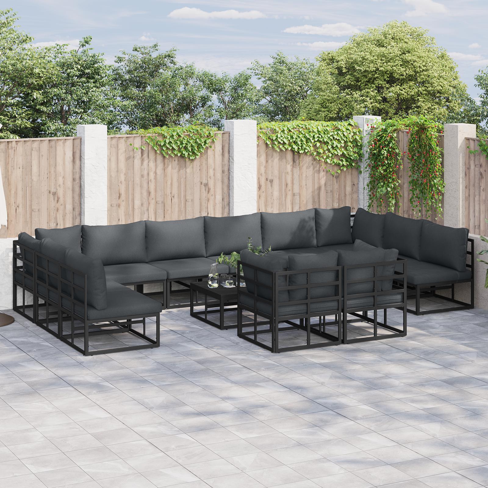 Havesofa sæt med puder - 12 dele i sort pulverlakeret aluminium