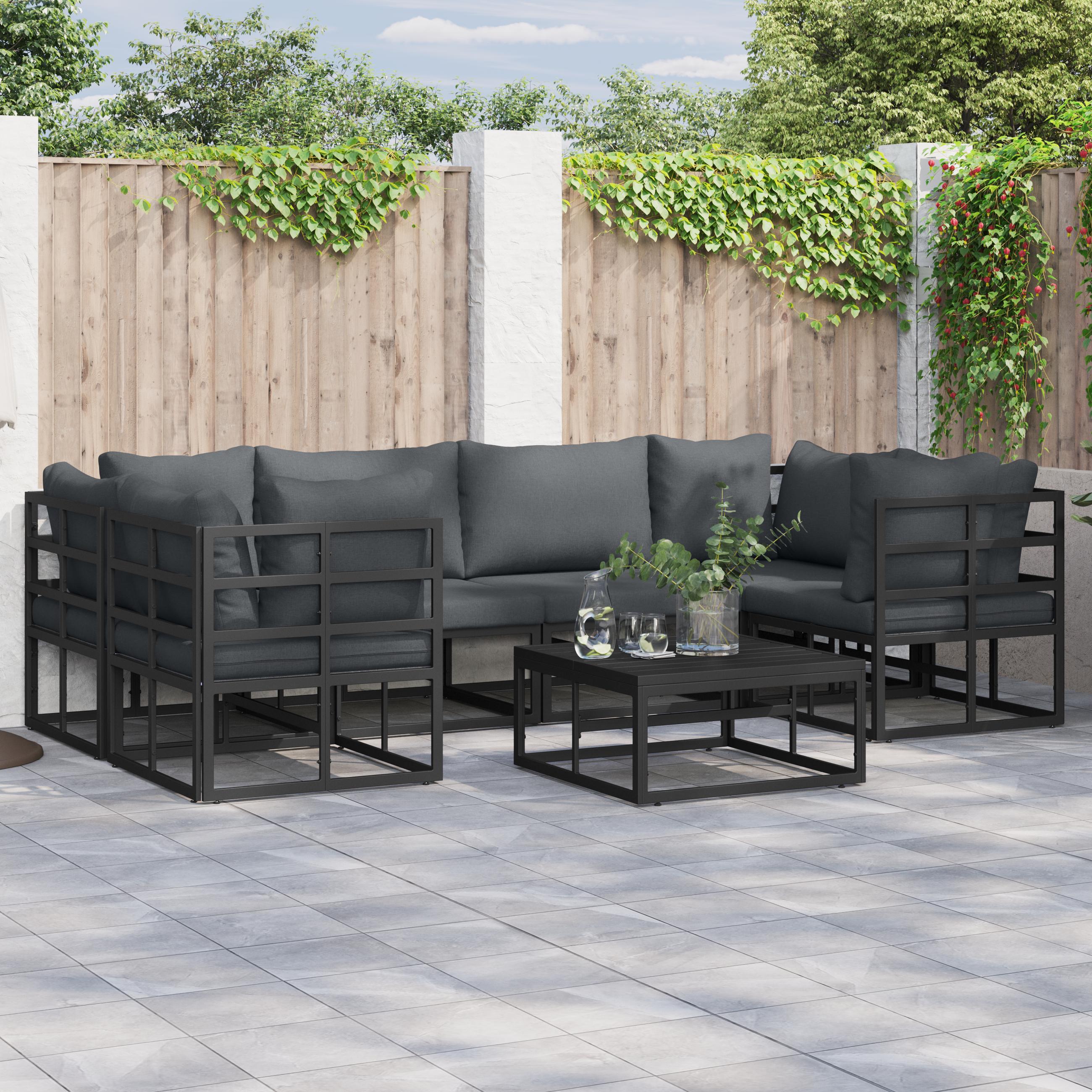 Havesofa sæt med puder, 6 pers., sort aluminium
