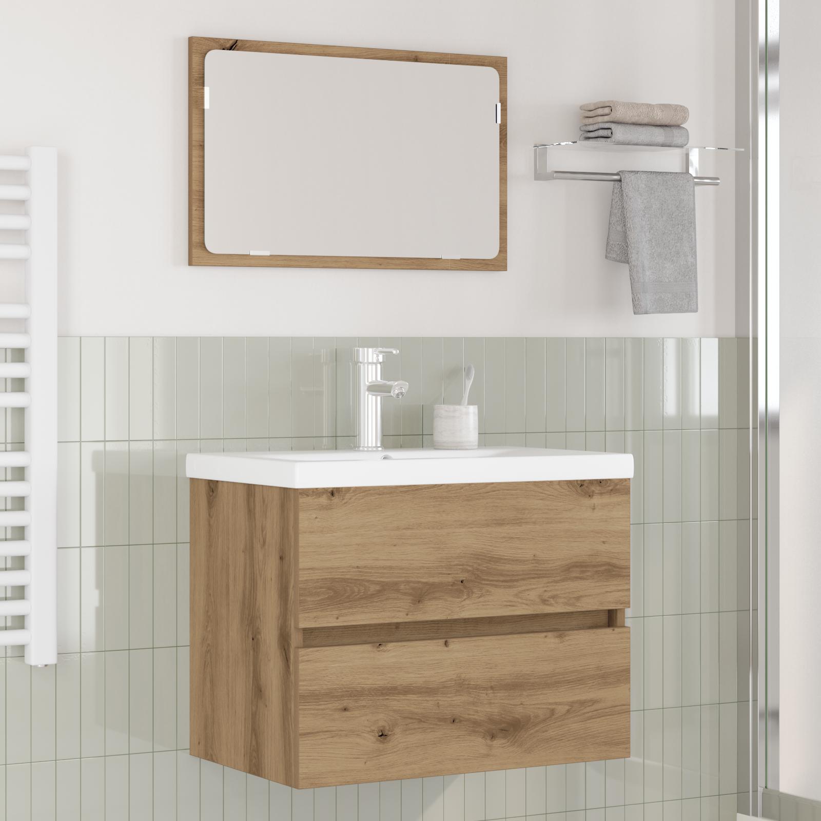 Badeværelsesmøbel sæt med spejl 3 stk Sort eg 60 x 38.5 x 45 cm